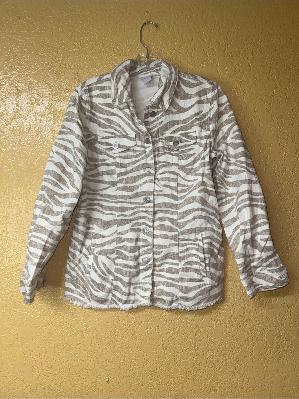 Chico's Cream and Taupe Zebra-Print Button Jacket